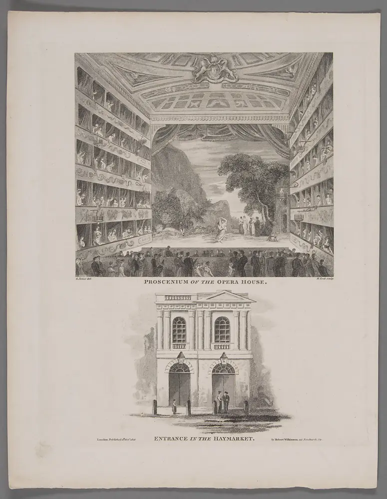 London, Her Majesty's Theatre, Haymarket, Weiterer Titel: London, Queen's Theatre, Haymarket, Weiterer Titel: London, King's Theatre, Haymarket, Weiterer Titel: London, His Majesty's Theatre, Haymarket, Weiterer Titel: London, Italian Opera House, Haymarket, Titel in Vorlageform: Proscenium of the Opera House. / Entrance in the Haymarket, Titel der Serie: Londina Illustrata