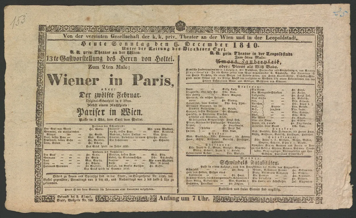 Wiener in Paris, oder Der zwölfte Februar, Pariser in Wien (Nachspiel), Amors Zauberpfeil, oder Pierot als Miß Baba, Alternativtitel: Amors Zauberpfeil, oder Pierrot als Miss Baba, Schwindels Fatalitäten