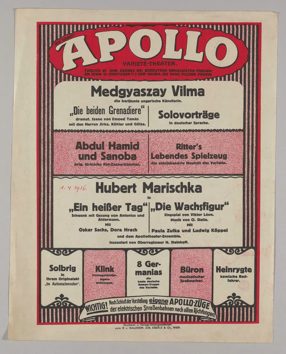 Ben Tieber's Apollo Varieté-Theater, Verweis auf Stücktitel: Die beiden Grenadiere, Verweis auf Stücktitel: Ein heißer Tag, Verweis auf Stücktitel: Die Wachsfigur