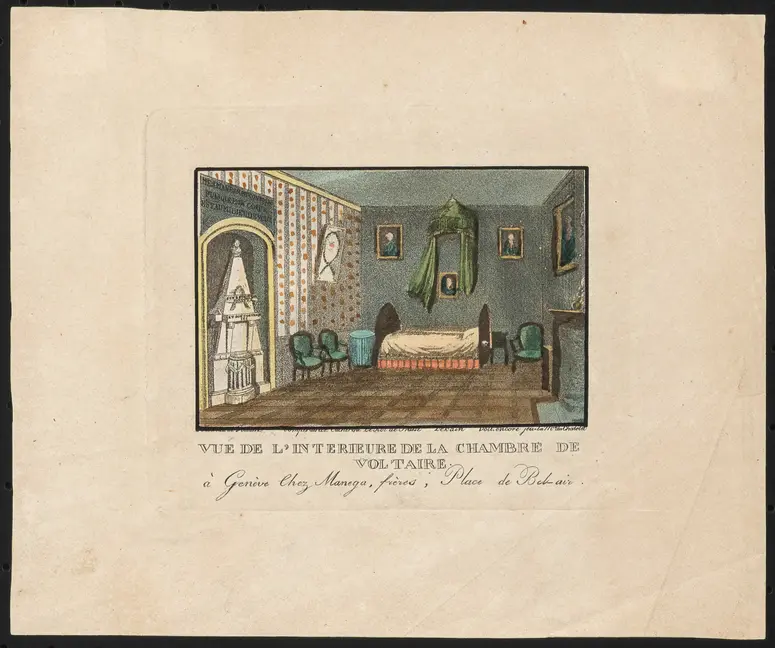 Voltaires Zimmer, Titel in Vorlageform: Vue de l'interieure de la chambre de Voltaire à Genève chez Manega, frères, Place de Bel air