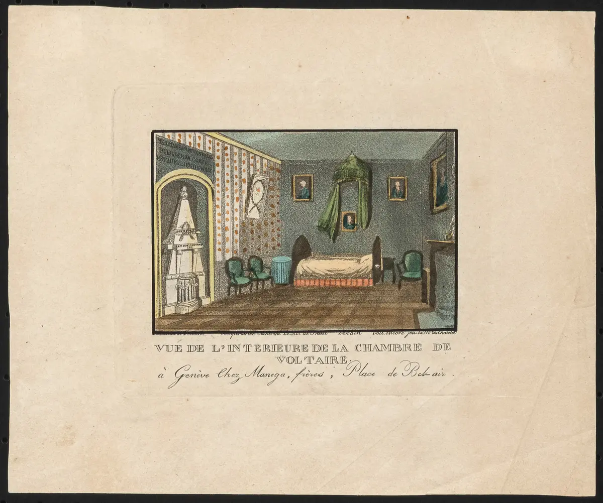 Voltaires Zimmer, Titel in Vorlageform: Vue de l'interieure de la chambre de Voltaire à Genève chez Manega, frères, Place de Bel air