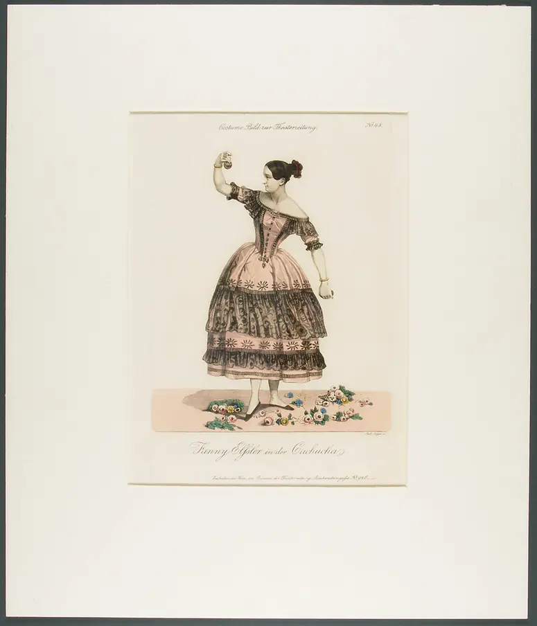 Fanny Elßler, Titel in Vorlageform: Fanny Elssler in der Cachucha, Titel der Serie: Costume-Bild, Name der Zeitschrift: Wiener Theaterzeitung, Verweis auf Stücktitel: Der hinkende Teufel (Le diable boiteux)