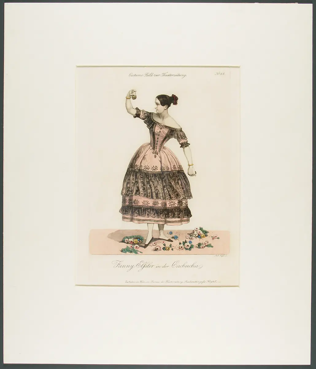 Fanny Elßler, Titel in Vorlageform: Fanny Elssler in der Cachucha, Titel der Serie: Costume-Bild, Name der Zeitschrift: Wiener Theaterzeitung, Verweis auf Stücktitel: Der hinkende Teufel (Le diable boiteux)
