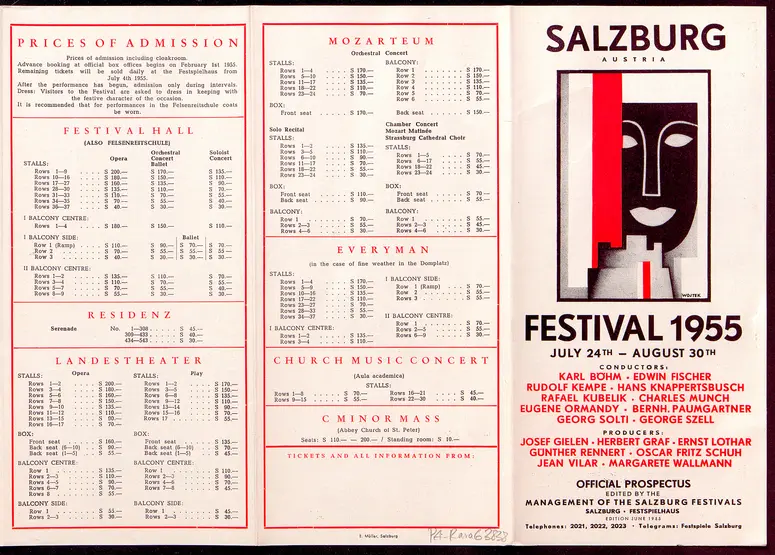 Salzburger Festspiele 1955, Titel in Vorlageform: Salzburg Festival 1955, Verweis auf Stücktitel: Irische Legende, Verweis auf Stücktitel: Zauberflöte, Verweis auf Stücktitel: Entführung aus dem Serail, Verweis auf Stücktitel: Palestrina, Verweis auf Stücktitel: Ariadne auf Naxos, Verweis auf Stücktitel: Jedermann, Verweis auf Stücktitel: Kabale und Liebe
