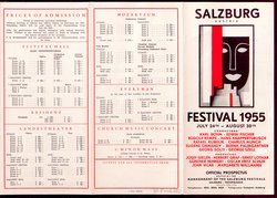 Salzburger Festspiele 1955, Titel in Vorlageform: Salzburg Festival 1955, Verweis auf Stücktitel: Irische Legende, Verweis auf Stücktitel: Zauberflöte, Verweis auf Stücktitel: Entführung aus dem Serail, Verweis auf Stücktitel: Palestrina, Verweis auf Stücktitel: Ariadne auf Naxos, Verweis auf Stücktitel: Jedermann, Verweis auf Stücktitel: Kabale und Liebe