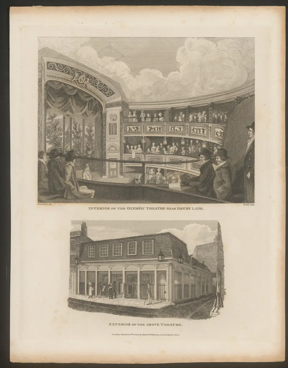 London, Olympic Theatre, Titel in Vorlageform: Interior of the Olypic Theatre near Drury Lane. / Exterior of the Above Theatre, Titel der Serie: Londina Illustrata