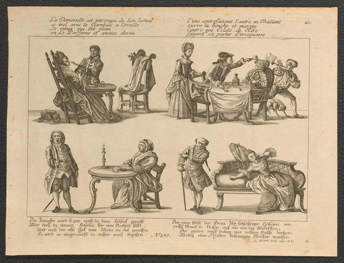 Die Jungfer wird so gar noch in dem Schlaf genekt / Was doch in einem Schelm für eine Bosheit stekt [...], Weiterer Titel: L'a Demoiselle est intrompu de Son Someil / ce trol avec le flambau a l'oreille [...]