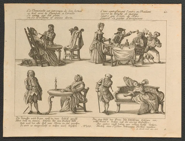 Die Jungfer wird so gar noch in dem Schlaf genekt / Was doch in einem Schelm für eine Bosheit stekt [...], Weiterer Titel: L'a Demoiselle est intrompu de Son Someil / ce trol avec le flambau a l'oreille [...]