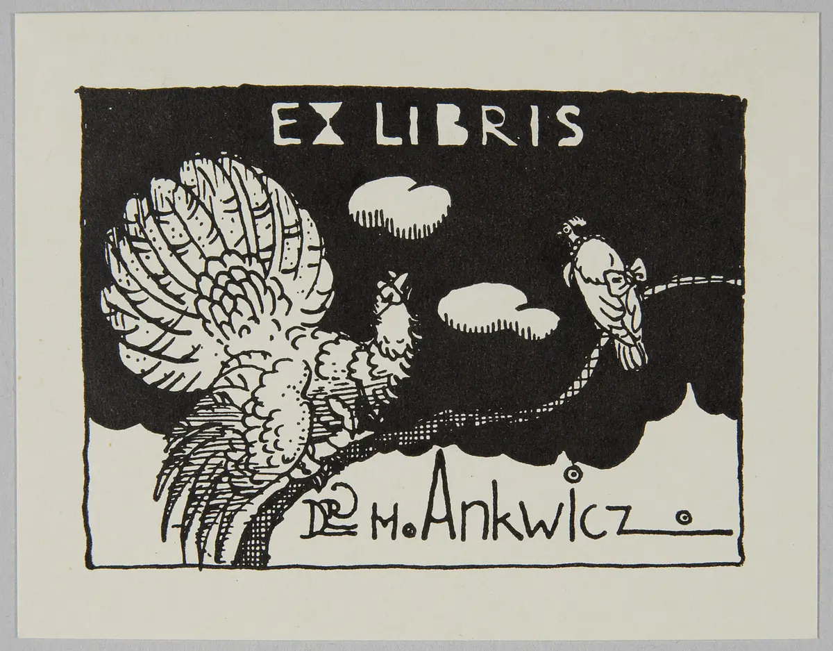 Exlibris Hans Ankwicz, Titel in Vorlageform: Exlibris Dr. H. Ankwicz, Alternativtitel: Scherzexlibris für Silvester 1931