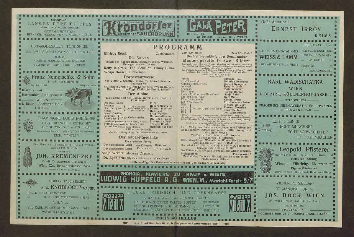 Kabarett Fledermaus, Titel in Vorlageform: Fledermaus Theater und Kabarett, Verweis auf Stücktitel: Die Naiven, Verweis auf Stücktitel: Der Albino, Verweis auf Stücktitel: Der Kabarettgedanke, Verweis auf Stücktitel: Der Petroleumkönig