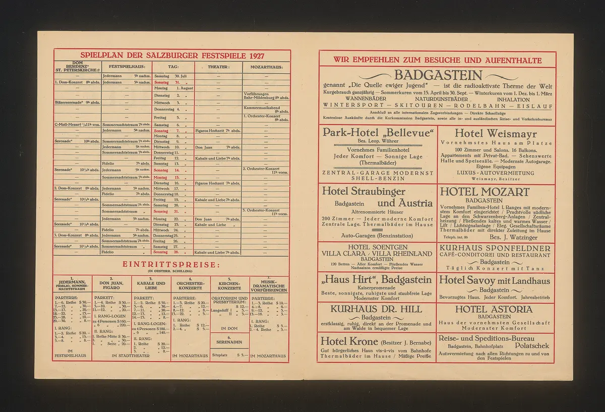 Salzburger Festspiele 1927, Verweis auf Stücktitel: Fidelio, Verweis auf Stücktitel: Don Juan, Verweis auf Stücktitel: Figaros Hochzeit, Verweis auf Stücktitel: Kabale und Liebe, Verweis auf Stücktitel: Sommernachtstraum, Verweis auf Stücktitel: Jedermann