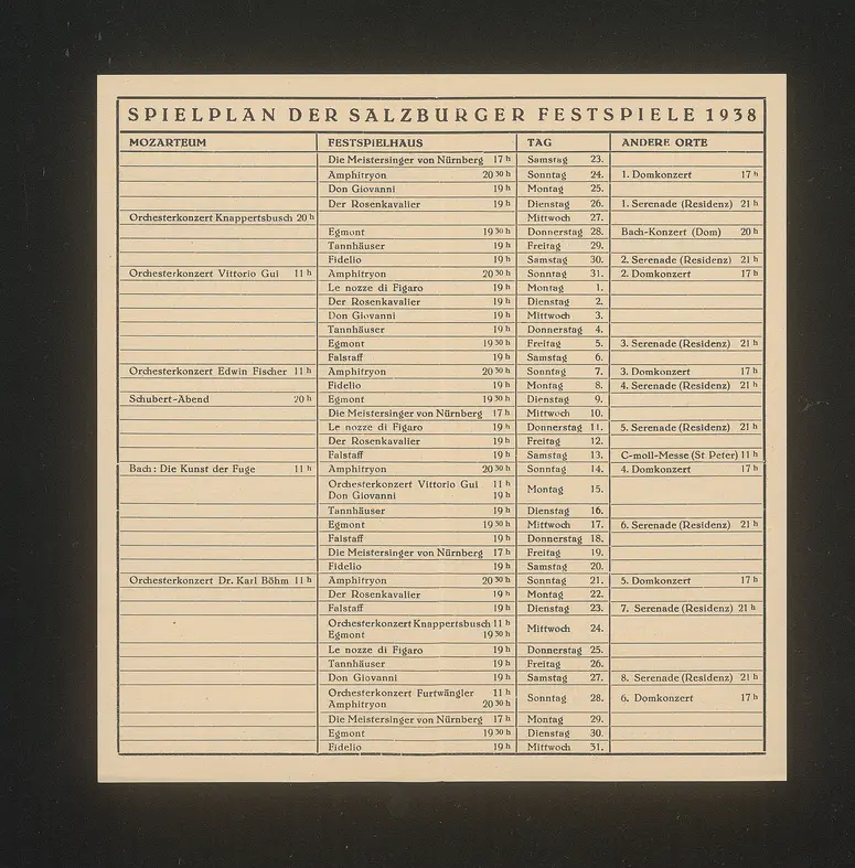 Salzburger Festspiele 1938, Titel in Vorlageform: Richtiggestellter Spielplan und Preiseinteilung, Verweis auf Stücktitel: Don Giovanni, Verweis auf Stücktitel: Falstaff, Verweis auf Stücktitel: Fidelio, Verweis auf Stücktitel: Die Meistersinger von Nürnberg, Verweis auf Stücktitel: Le nozze di figaro, Verweis auf Stücktitel: Der Rosenkavalier, Verweis auf Stücktitel: Tannhäuser, Verweis auf Stücktitel: Amphitrion, Verweis auf Stücktitel: Egmont