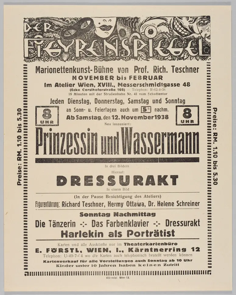 Der Figurenspiegel, Verweis auf Stücktitel: Prinzessin und Wassermann, Verweis auf Stücktitel: Dressurakt / Chinesischer Dressurakt, Verweis auf Stücktitel: Die Tänzerin / Die bunte Tänzerin, Verweis auf Stücktitel: Das Farbenklavier, Verweis auf Stücktitel: Harlekin als Porträtist