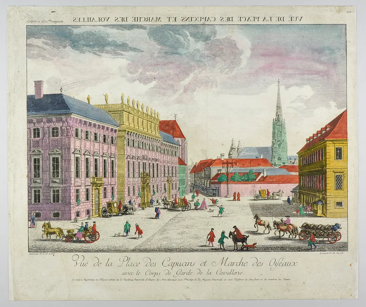 Wien (allgemein), Palais Lobkowitz, Titel in Vorlageform: Vue de la Place des Capucins et Marche des Oiseaux avec le Corps de Garde de la Cavallerie.