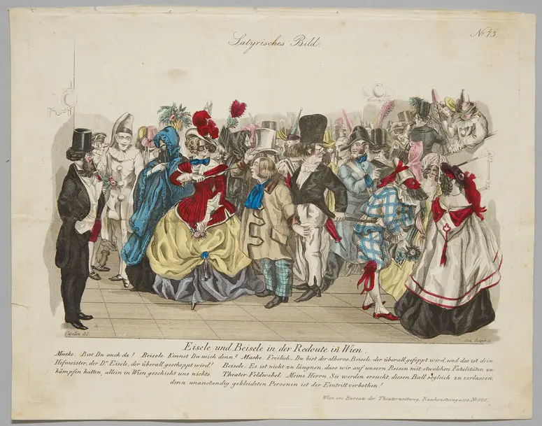 Eisele und Beisele in der Redoute in Wien, Titel der Serie: Satyrisches Bild, Name der Zeitschrift: Wiener Theaterzeitung