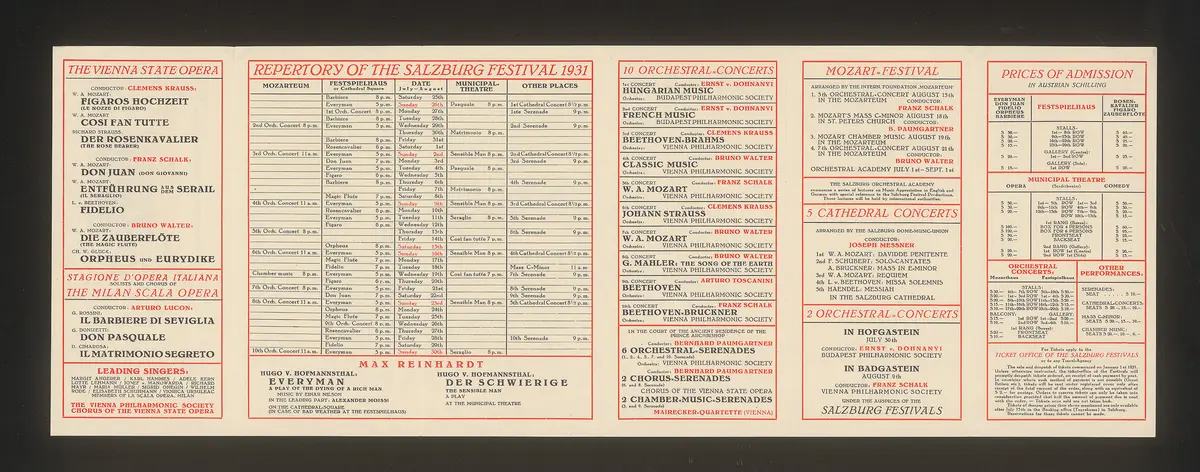 Salzburger Festspiele 1931, Titel in Vorlageform: Salzburg Festivals 1931, Verweis auf Stücktitel: Figaros Hochzeit, Verweis auf Stücktitel: Cosi fan tutte, Verweis auf Stücktitel: Der Rosenkavalier, Verweis auf Stücktitel: Don Juan, Verweis auf Stücktitel: Entführung aus dem Serail, Verweis auf Stücktitel: Fidelio, Verweis auf Stücktitel: Zauberflöte, Verweis auf Stücktitel: Orpheus und Eurydike, Verweis auf Stücktitel: Jedermann, Verweis auf Stücktitel: Der Schwierige