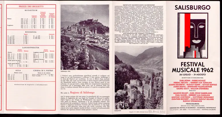 Salzburger Festspiele 1962, Titel in Vorlageform: Salzburgo Festival musicale 1962, Verweis auf Stücktitel: Iphigenie in Aulis, Verweis auf Stücktitel: Cosi fan tutte, Verweis auf Stücktitel: Die Entführung aus dem Serail, Verweis auf Stücktitel: Figaros Hochzeit, Verweis auf Stücktitel: Idomeneo, Verweis auf Stücktitel: Der Troubadour, Verweis auf Stücktitel: Jedermann, Verweis auf Stücktitel: Faust, Verweis auf Stücktitel: Lumpazivagabundus, Verweis auf Stücktitel: Der Bauer als Millionär