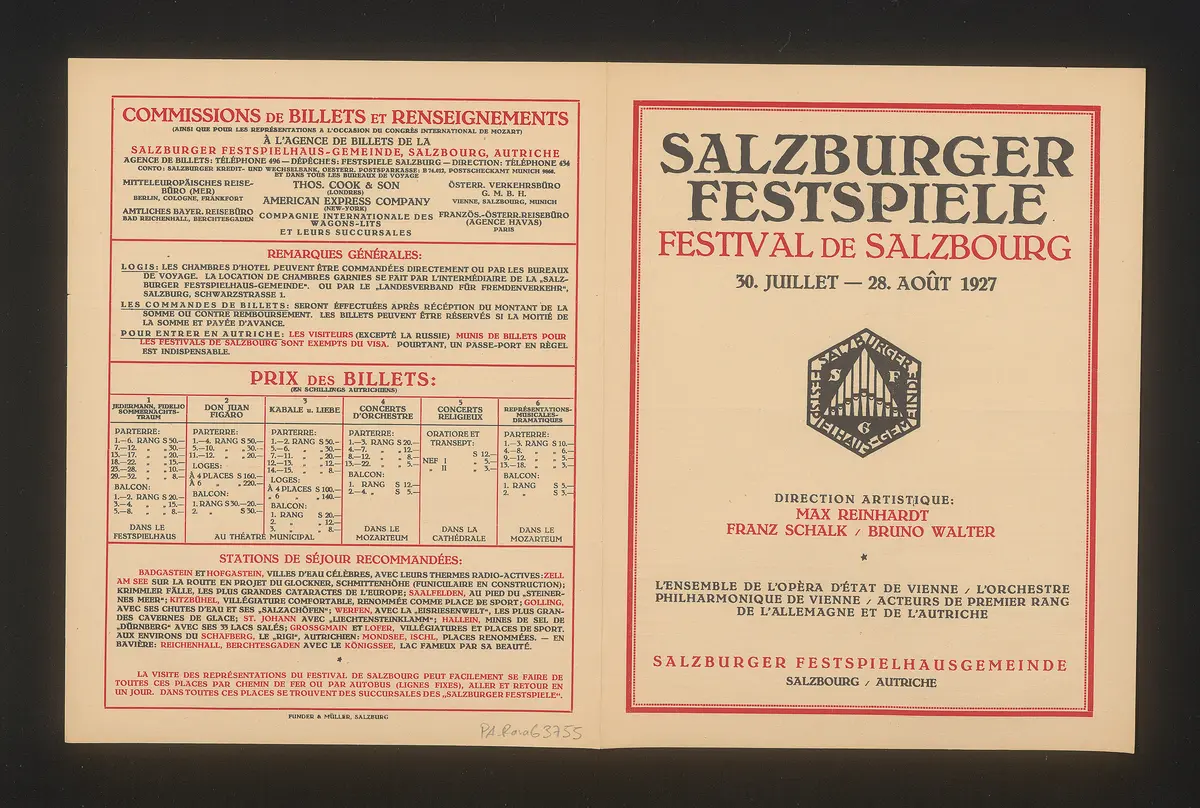 Salzburger Festspiele 1927, Titel in Vorlageform: Festival de Salzbourg 1927, Verweis auf Stücktitel: Fidelio, Verweis auf Stücktitel: Don Juan, Verweis auf Stücktitel: Figaros Hochzeit, Verweis auf Stücktitel: Kabale und Liebe, Verweis auf Stücktitel: Sommernachtstraum, Verweis auf Stücktitel: Jedermann
