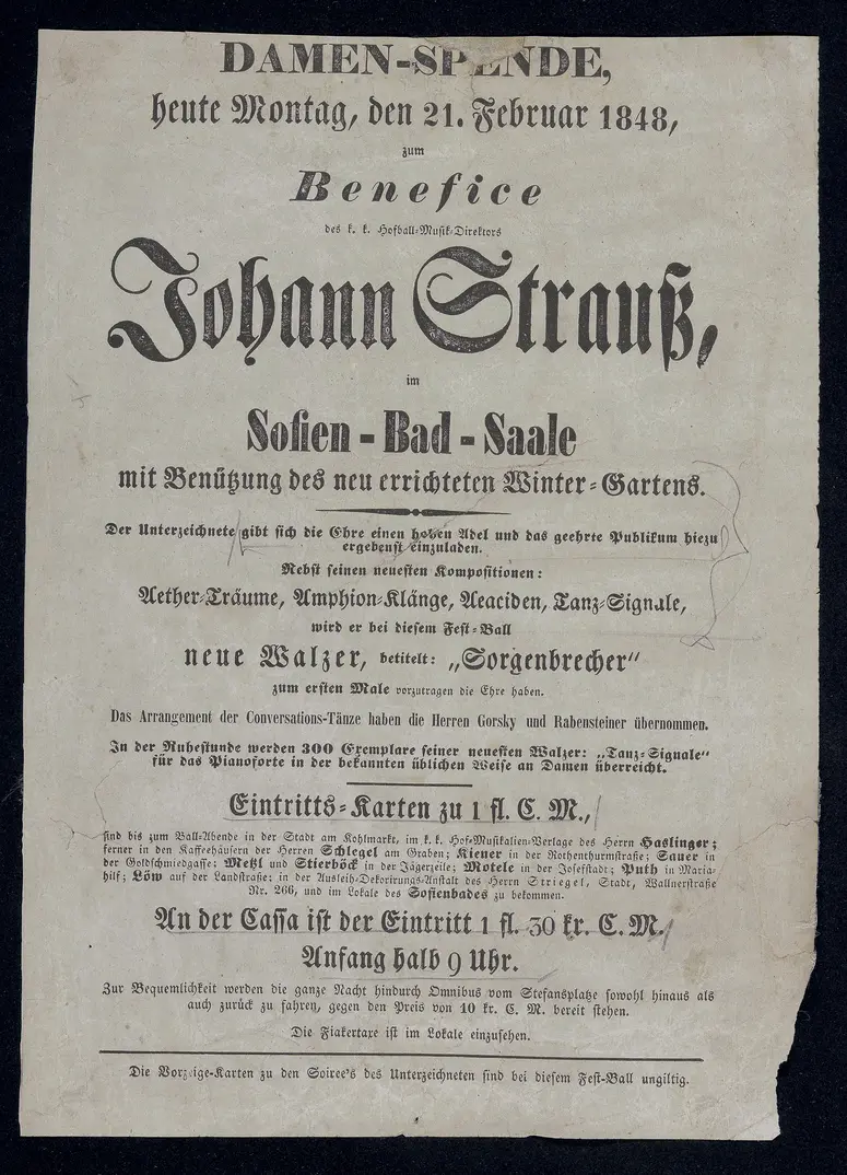 Benefice des k.k. Hofball-Musik-Direktors Johann Strauß, im Sofien-Bad-Saale mit Benützung des neu errichteten Winter-Gartens