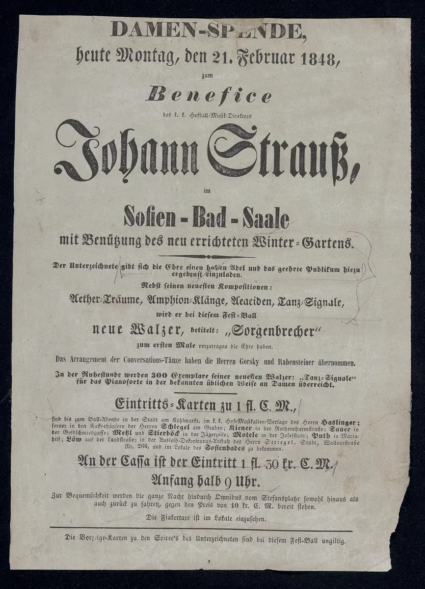 Benefice des k.k. Hofball-Musik-Direktors Johann Strauß, im Sofien-Bad-Saale mit Benützung des neu errichteten Winter-Gartens