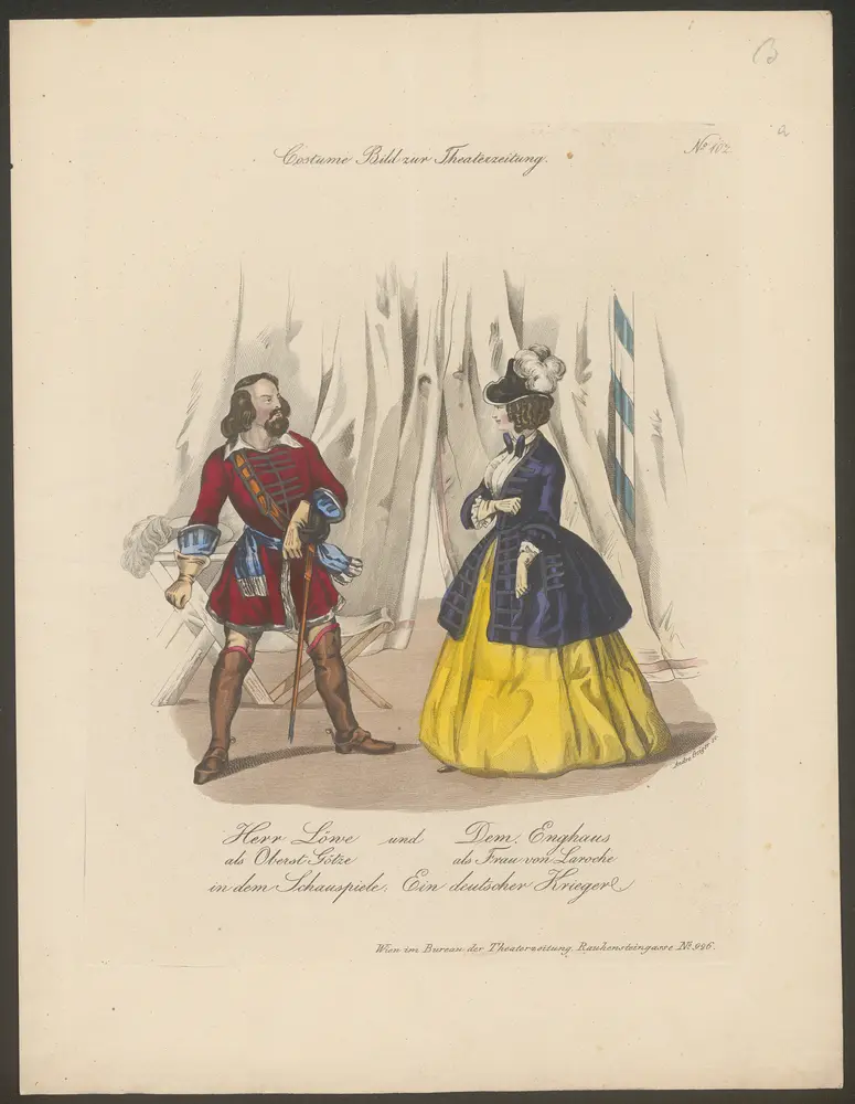 Ein deutscher Krieger, Titel in Vorlageform: Herr Löwe und Dem. Enghaus [...] in dem Schauspiele: Ein deutscher Krieger, Titel der Serie: Costume-Bild, Name der Zeitschrift: Wiener Theaterzeitung