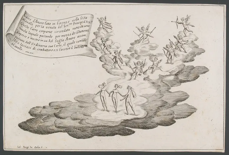 Guerra di bellezza, Titel in Vorlageform: Guerra di bellezza. Festa a cavallo fatta in Firenze per la venuta del Serenissimo Principe d'Urbino. L'Ottobre del 1616.