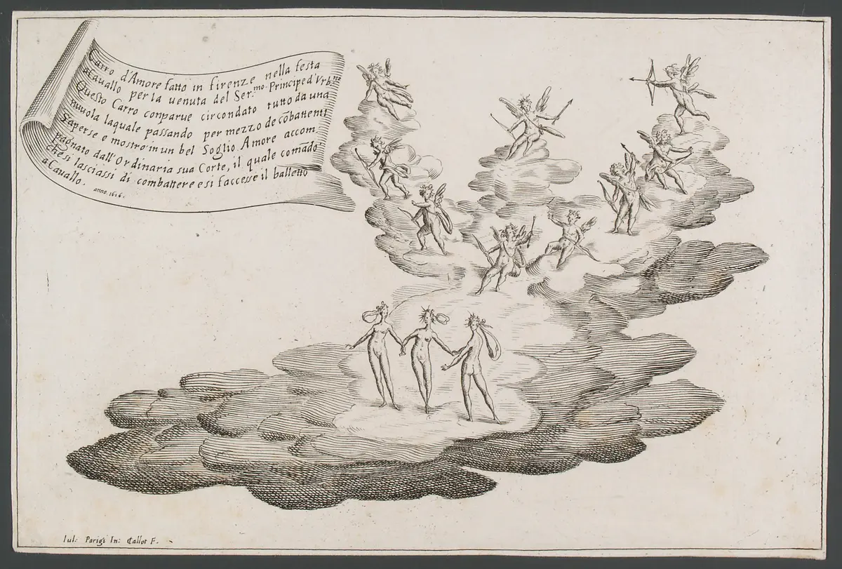 Guerra di bellezza, Titel in Vorlageform: Guerra di bellezza. Festa a cavallo fatta in Firenze per la venuta del Serenissimo Principe d'Urbino. L'Ottobre del 1616.