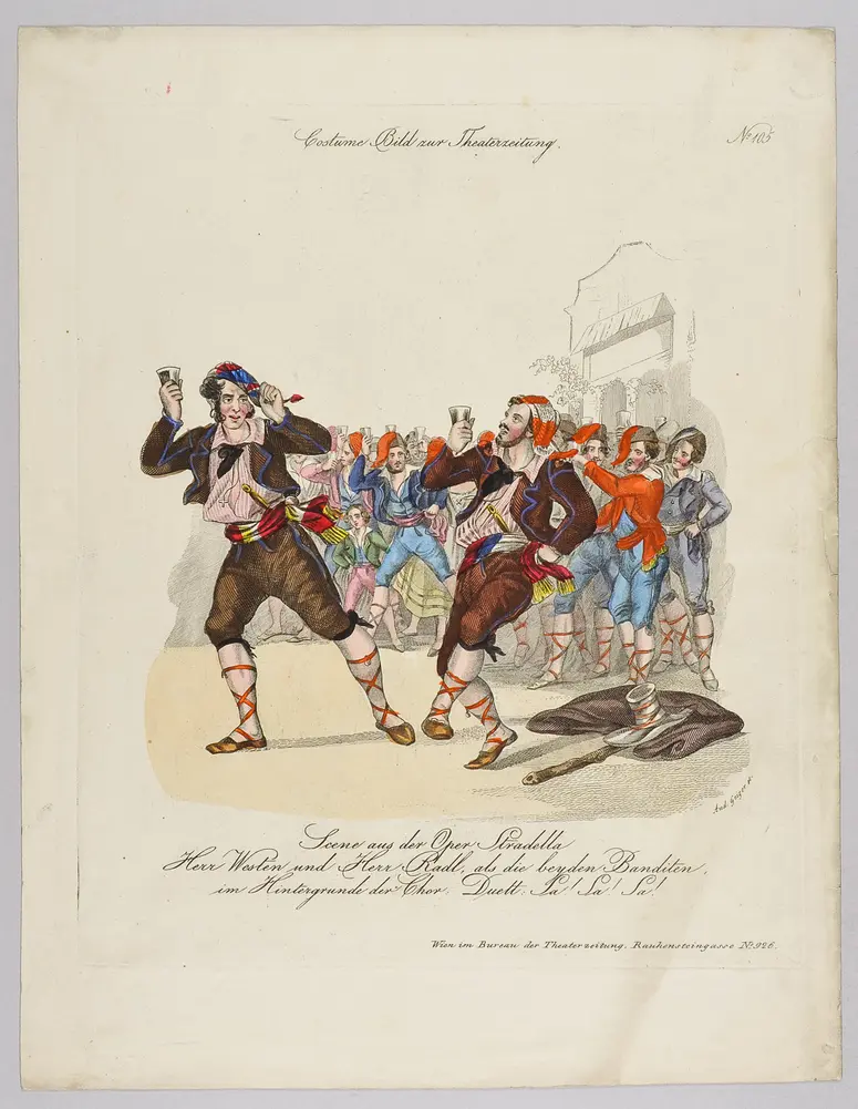 Alessandro Stradella, Titel in Vorlageform: Scene aus der Oper Stradella / Herr Westen und Herr Radl als die beyden Banditen, Titel der Serie: Costume-Bild, Name der Zeitschrift: Wiener Theaterzeitung