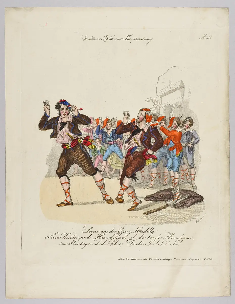 Alessandro Stradella, Titel in Vorlageform: Scene aus der Oper Stradella / Herr Westen und Herr Radl als die beyden Banditen, Titel der Serie: Costume-Bild, Name der Zeitschrift: Wiener Theaterzeitung
