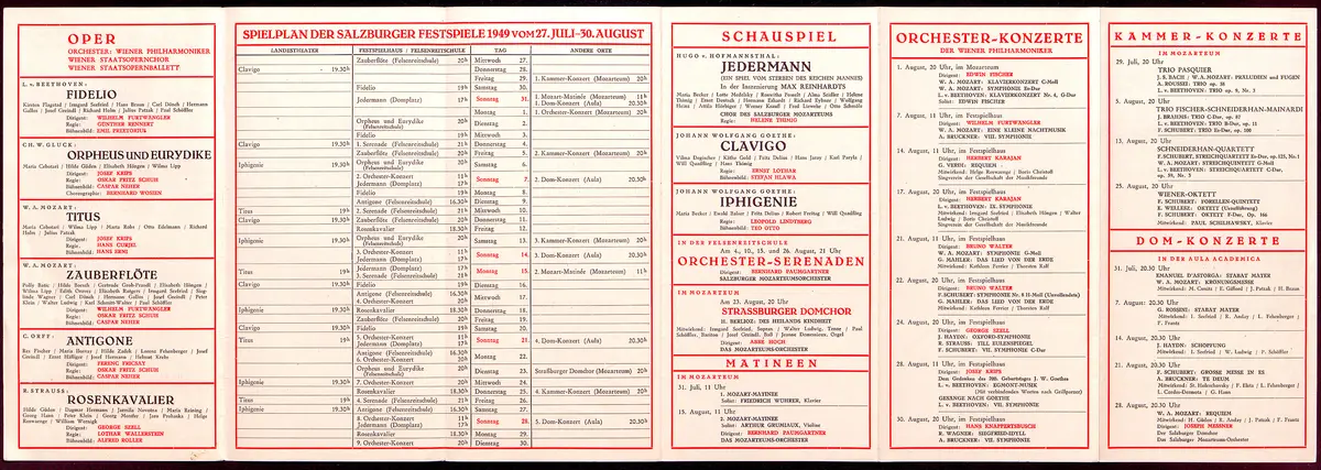 Salzburger Festspiele 1949, Verweis auf Stücktitel: Fidelio, Verweis auf Stücktitel: Orpheus und Eurydike, Verweis auf Stücktitel: Titus, Verweis auf Stücktitel: Zauberflöte, Verweis auf Stücktitel: Antigone, Verweis auf Stücktitel: Rosenkavalier, Verweis auf Stücktitel: Jedermann, Verweis auf Stücktitel: Clavigo, Verweis auf Stücktitel: Iphigenie