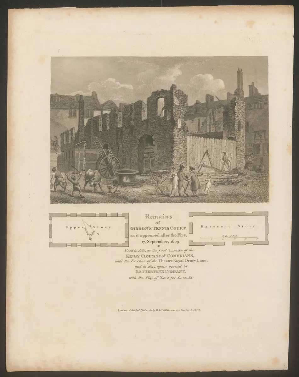 London, Gibbon's Tennis Court, Titel in Vorlageform: The Remains of Gibbon's Tennis Court, as it appeared after the Fire, 17, September, 1809., Titel der Serie: Londina Illustrata