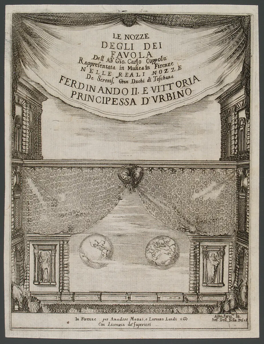 Le nozze degli dei, Titel in Vorlageform: Le nozze degli dei. Favola Dell Ab' Gio. Carlo Coppola Rappresentata in Musica in Firenze nelle reali nozze de serenis.mi Gran Duchi di Toschana Ferdinando II. e Vittoria Principessa d'Urbino