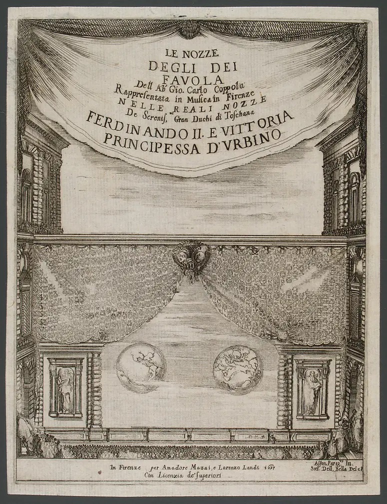 Le nozze degli dei, Titel in Vorlageform: Le nozze degli dei. Favola Dell Ab' Gio. Carlo Coppola Rappresentata in Musica in Firenze nelle reali nozze de serenis.mi Gran Duchi di Toschana Ferdinando II. e Vittoria Principessa d'Urbino