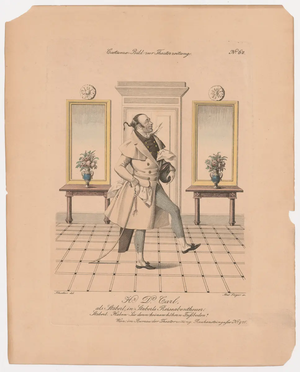 Carl Carl, Titel der Serie: Costume-Bild, Name der Zeitschrift: Wiener Theaterzeitung, Verweis auf Stücktitel: Staberl's Reiseabenteuer