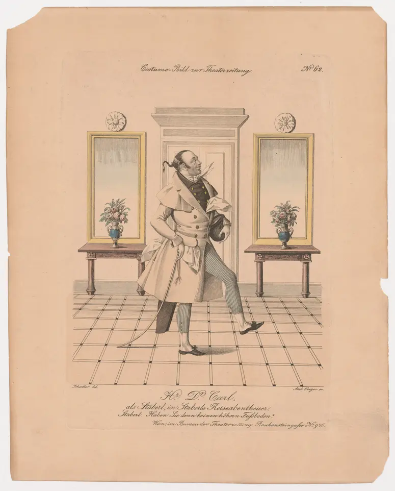 Carl Carl, Titel der Serie: Costume-Bild, Name der Zeitschrift: Wiener Theaterzeitung, Verweis auf Stücktitel: Staberl's Reiseabenteuer