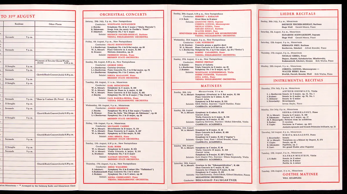 Salzburger Festspiele 1961, Titel in Vorlageform: Salzburg Festival 1961, Verweis auf Stücktitel: Cosi fan tutte, Verweis auf Stücktitel: Die Entführung aus dem Serail, Verweis auf Stücktitel: Don Giovanni, Verweis auf Stücktitel: Idomeneo, Verweis auf Stücktitel: Der Rosenkavalier, Simon Boccanegra, Verweis auf Stücktitel: Das Bergwerk zu Falun, Verweis auf Stücktitel: Jedermann, Verweis auf Stücktitel: Faust, Verweis auf Stücktitel: Der Bauer als Millionär
