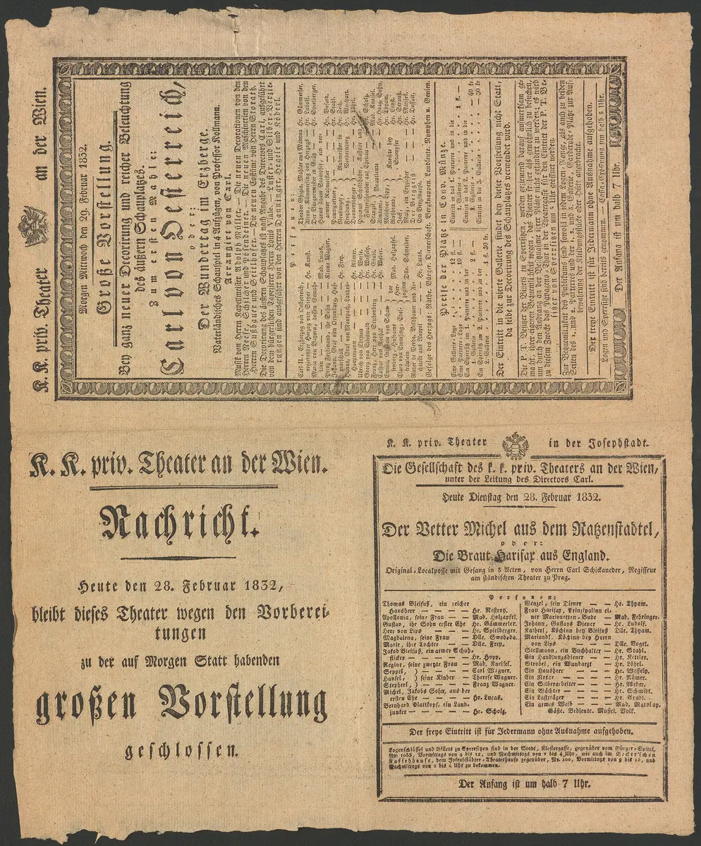 Carl von Österreich, oder Der Wundertag im Erzberge, Der Vetter Michel aus dem Ratzenstadtel, oder Die Braut Harifax aus England