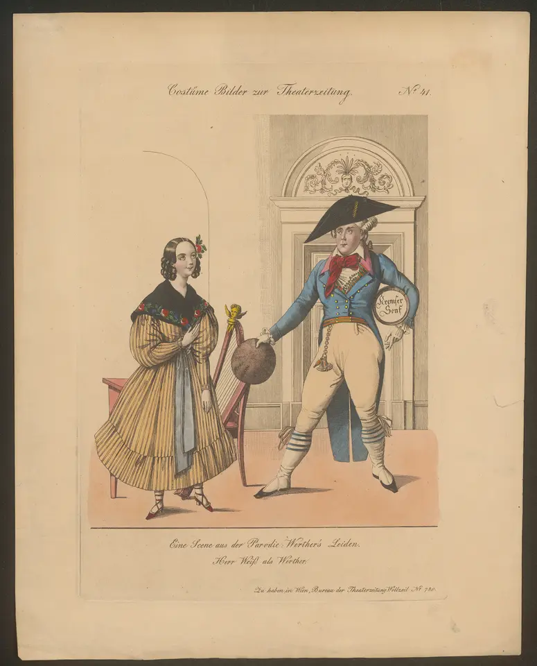 Werther's Leiden, Alternativtitel: Werthers Leiden oder der Pudel als Retter, Titel der Serie: Costume-Bild, Name der Zeitschrift: Wiener Theaterzeitung