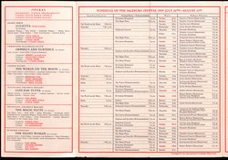 Salzburger Festspiele 1959, Titel in Vorlageform: Salzburg Festival 1959, Verweis auf Stücktitel: Julietta, Verweis auf Stücktitel: Orpheus und Eurydike, Verweis auf Stücktitel: Die Welt auf dem Monde, Verweis auf Stücktitel: Cosi fan tutte, Der Zauberflöte, Verweis auf Stücktitel: Die schweigsame Frau, Verweis auf Stücktitel: Jedermann, Verweis auf Stücktitel: Donnerstag, Verweis auf Stücktitel: Der Turm