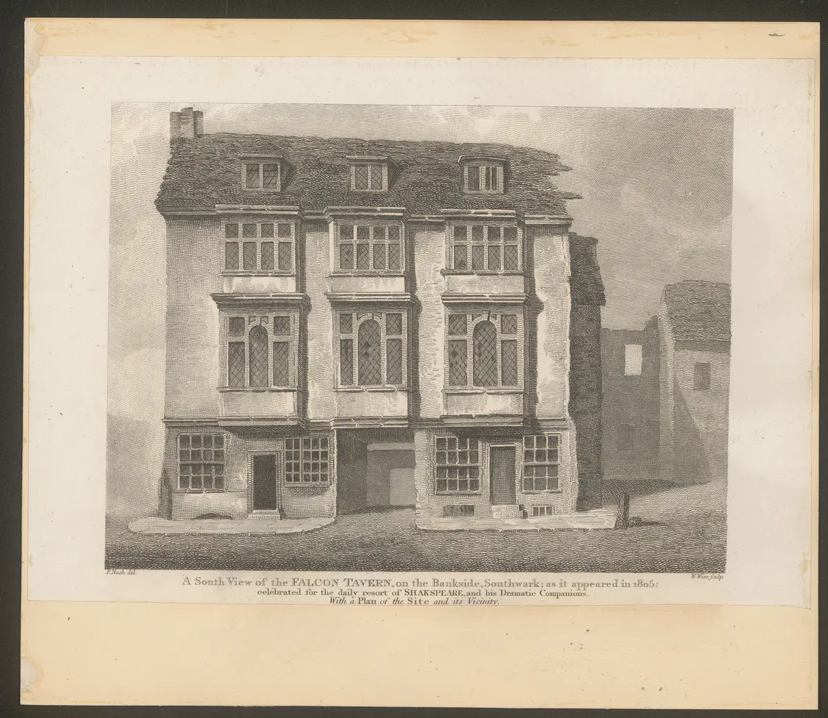 London, Falcon Tavern, Titel in Vorlageform: A South View of the Falcon Tavern, on the Bankside, Southwark; as it appeared in 1805; celebrated for the daily resort of Shakespeare, and his Dramatic Companions., Titel der Serie: Londina Illustrata