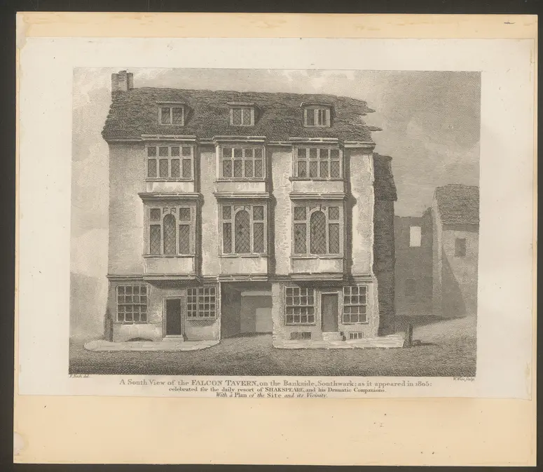 London, Falcon Tavern, Titel in Vorlageform: A South View of the Falcon Tavern, on the Bankside, Southwark; as it appeared in 1805; celebrated for the daily resort of Shakespeare, and his Dramatic Companions., Titel der Serie: Londina Illustrata