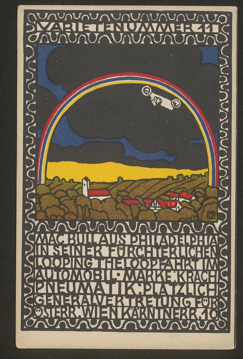 Varietenummer 11, Weiterer Titel: MacBull aus Philadelphia in seiner fürchterlichen Looping the Loop Fahrt im Automobil. Marke: Krachpneumatik: Platzlich Generalvertretung für Österr. Wien Kärntnerr. 10