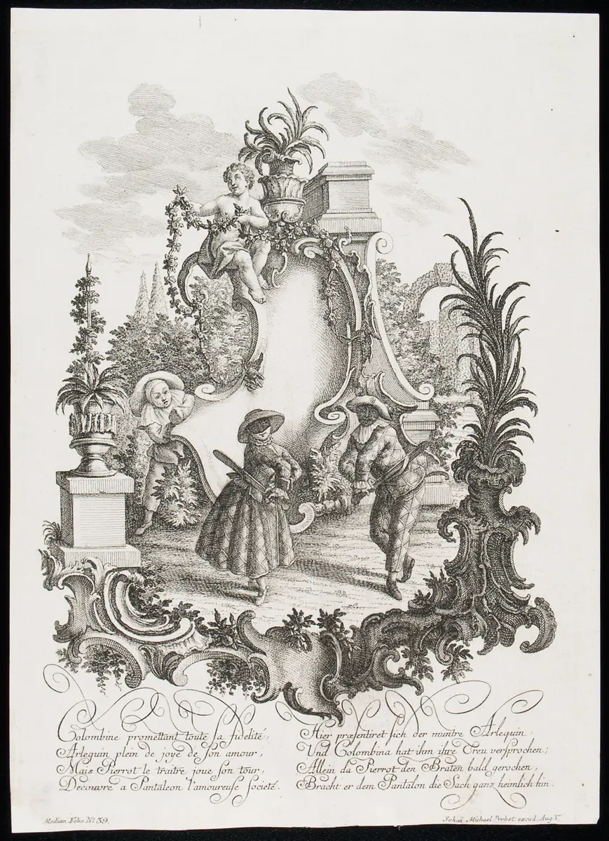 Commedia dell'arte, Titel in Vorlageform: Colombine promettant toute sa fidelité, Arlequin plein de joye de son amour, [...], Titel in Vorlageform: Hier praesentiret sich der muntre Arlequin, Und Colombina hat ihm ihre Treu versprochen; [...]