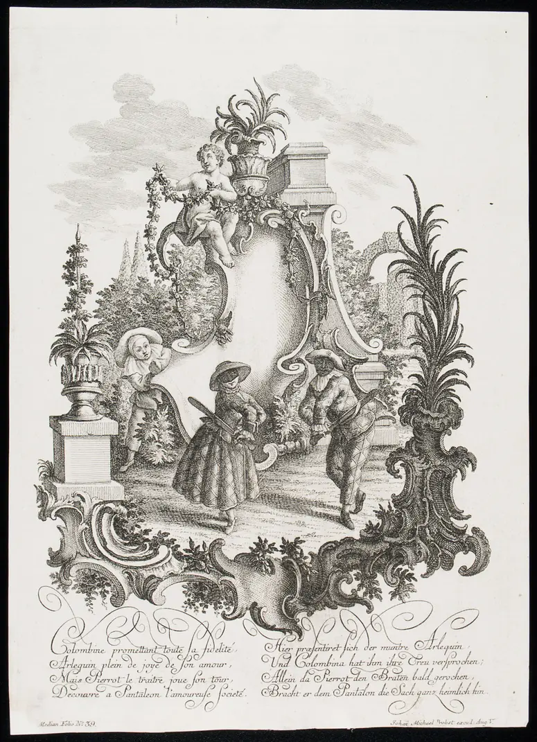 Commedia dell'arte, Titel in Vorlageform: Colombine promettant toute sa fidelité, Arlequin plein de joye de son amour, [...], Titel in Vorlageform: Hier praesentiret sich der muntre Arlequin, Und Colombina hat ihm ihre Treu versprochen; [...]