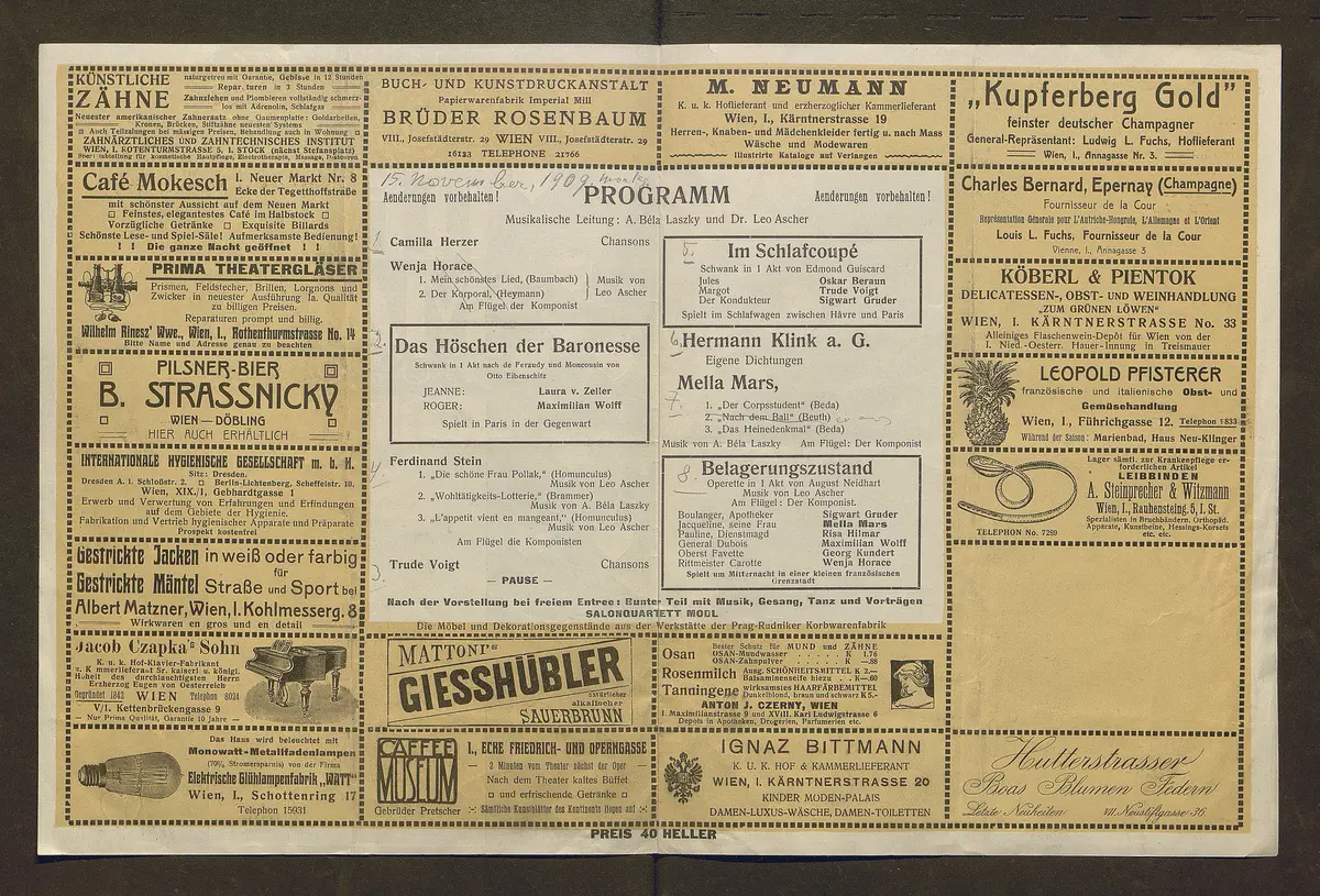 Kabarett Fledermaus, Titel in Vorlageform: Fledermaus Theater und Cabaret, Verweis auf Stücktitel: Das Höschen der Baronesse, Verweis auf Stücktitel: Im Schlafcoupé, Verweis auf Stücktitel: Belagerungszustand