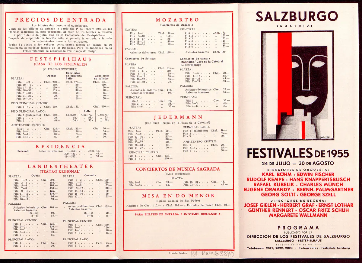 Salzburger Festspiele 1955, Titel in Vorlageform: Salzburgo Festivales de 1955, Verweis auf Stücktitel: Irische Legende, Verweis auf Stücktitel: Zauberflöte, Verweis auf Stücktitel: Entführung aus dem Serail, Verweis auf Stücktitel: Palestrina, Verweis auf Stücktitel: Ariadne auf Naxos, Verweis auf Stücktitel: Jedermann, Verweis auf Stücktitel: Kabale und Liebe