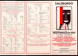 Salzburger Festspiele 1955, Titel in Vorlageform: Salzburgo Festivales de 1955, Verweis auf Stücktitel: Irische Legende, Verweis auf Stücktitel: Zauberflöte, Verweis auf Stücktitel: Entführung aus dem Serail, Verweis auf Stücktitel: Palestrina, Verweis auf Stücktitel: Ariadne auf Naxos, Verweis auf Stücktitel: Jedermann, Verweis auf Stücktitel: Kabale und Liebe