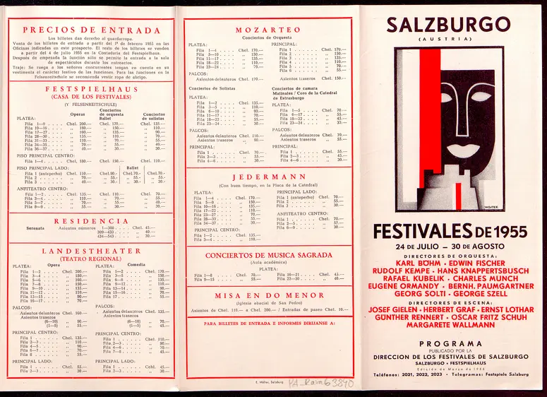 Salzburger Festspiele 1955, Titel in Vorlageform: Salzburgo Festivales de 1955, Verweis auf Stücktitel: Irische Legende, Verweis auf Stücktitel: Zauberflöte, Verweis auf Stücktitel: Entführung aus dem Serail, Verweis auf Stücktitel: Palestrina, Verweis auf Stücktitel: Ariadne auf Naxos, Verweis auf Stücktitel: Jedermann, Verweis auf Stücktitel: Kabale und Liebe