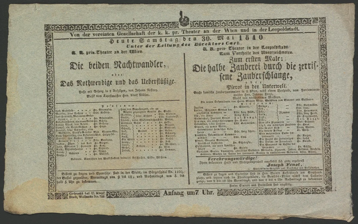 Die beiden Nachtwandler, oder Das Nothwendige und das Überflüßige., Die halbe Zauberei durch die zerrissene Zauberschlange, oder Pierot in der Unterwelt., Alternativtitel: Die beiden Nachtwandler, oder Das Notwendige und das Überflüssige., Alternativtitel: Die halbe Zauberei durch die zerrissene Zauberschlange, oder Pierrot in der Unterwelt.