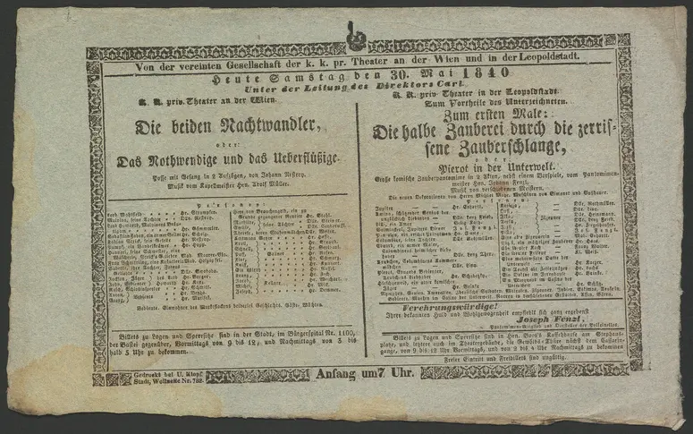 Die beiden Nachtwandler, oder Das Nothwendige und das Überflüßige., Die halbe Zauberei durch die zerrissene Zauberschlange, oder Pierot in der Unterwelt., Alternativtitel: Die beiden Nachtwandler, oder Das Notwendige und das Überflüssige., Alternativtitel: Die halbe Zauberei durch die zerrissene Zauberschlange, oder Pierrot in der Unterwelt.